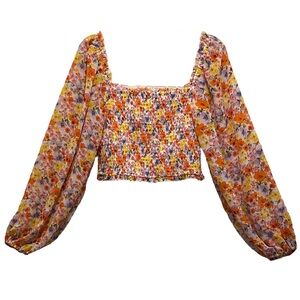 Cottagecore Floral Sz S Smocked Crop Top Balloon Sleeve Square Neck Festival